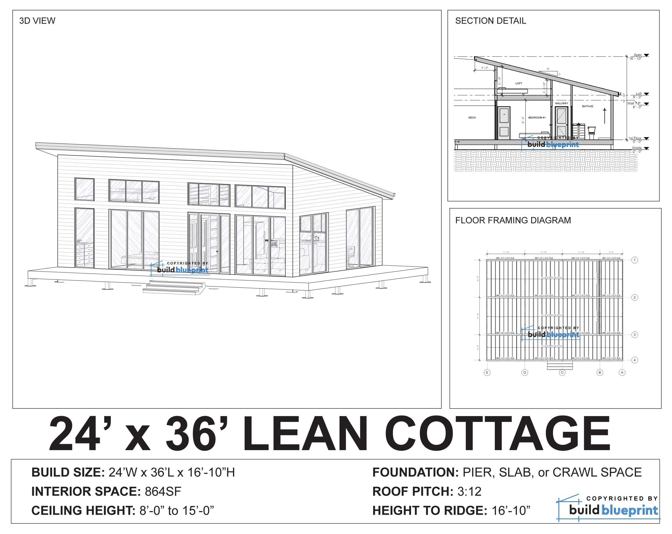 24' x 36' Lean Cabin Architectural Plans - Custom 864SF 2 Bedroom House Blueprint